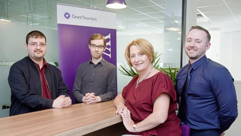 Isaac Cosby and John Wilson, who have both been given job opportunities with Grant Thornton, with Elaine O&rsquo;Neill (Ingeus) and Patrick Daly (Grant Thornton) 