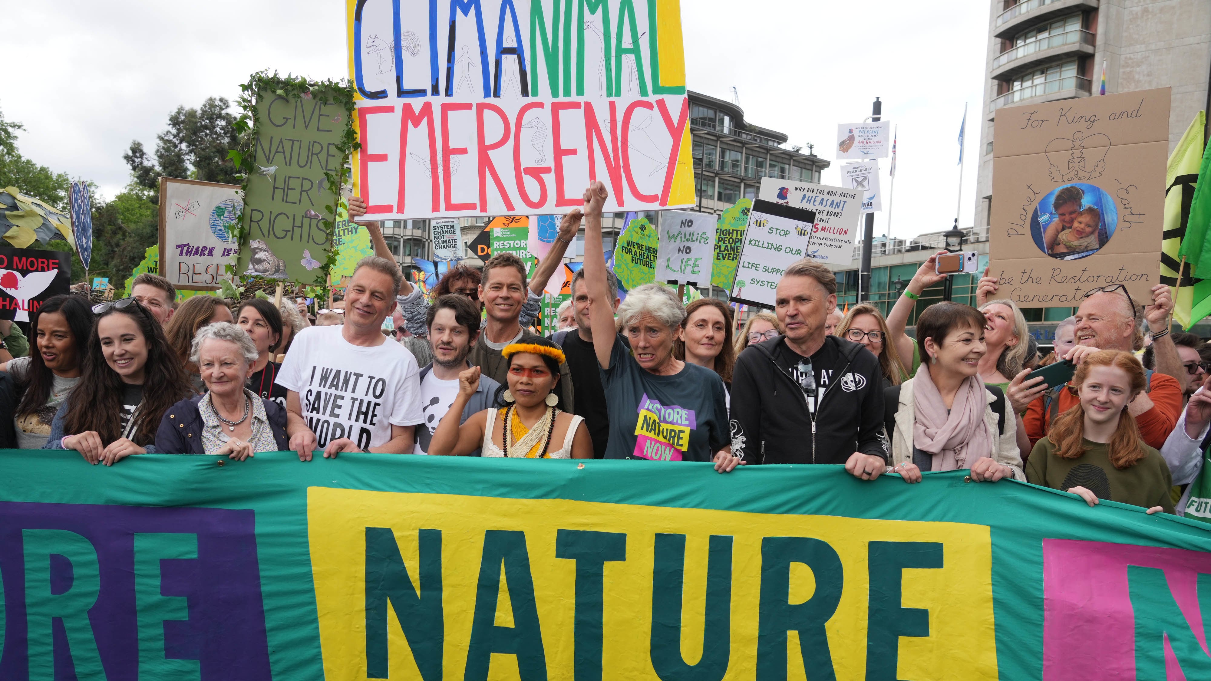 Dame Emma Thompson, Dale Vince and Caroline Lucas took part in a Restore Nature Now protest in central London