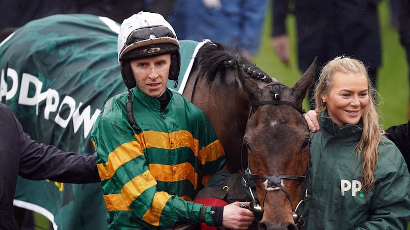 Mark Walsh celebrates after winning the Paddy Power Stayers' Hurdle aboard Sire Du Berlais on day three of the Cheltenham Festival