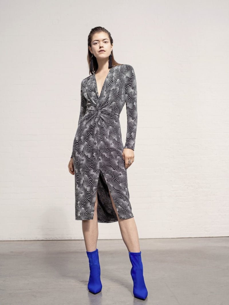 &nbsp;Miss Selfridge Silver Long Sleeve Twisted Pencil Dress, &pound;39; Dayla Stretch Sock Boots, &pound;42, available from Miss Selfridge.