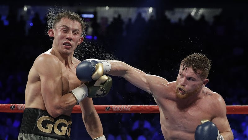 Canelo Alvarez connects with a right hand to stun Gennady Golovkin during their world middleweight title fight on Saturday Sept&nbsp;16 2017 in Las Vegas. <br />(AP Photo/John Locher)&nbsp;
