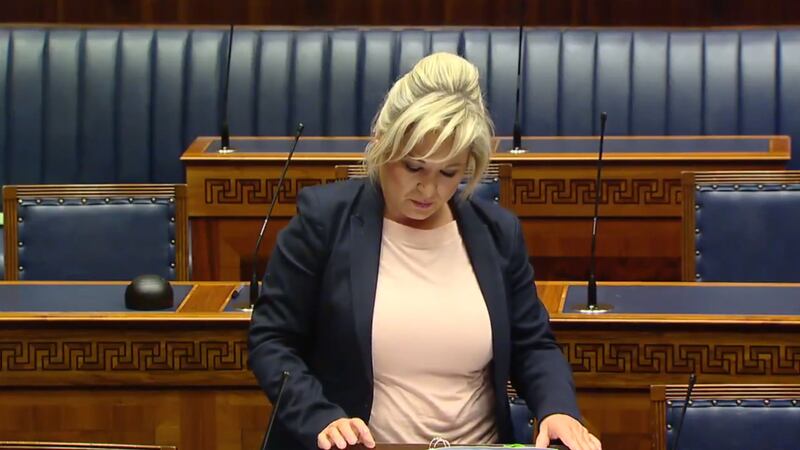 Michelle O'Neill paused to compose herself during the assembly session in Belfast&nbsp;