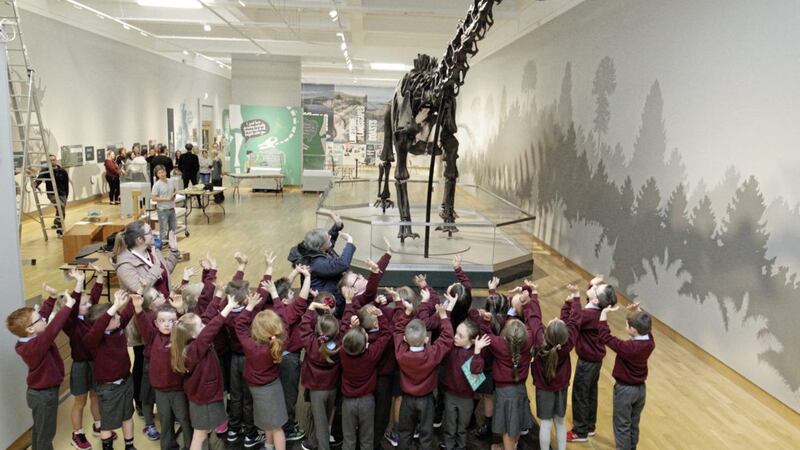 Children from Our Lady of Lourdes PS, Greencastle, visiting Dippy The Dinosaur. Picture by Cliff Donaldson 