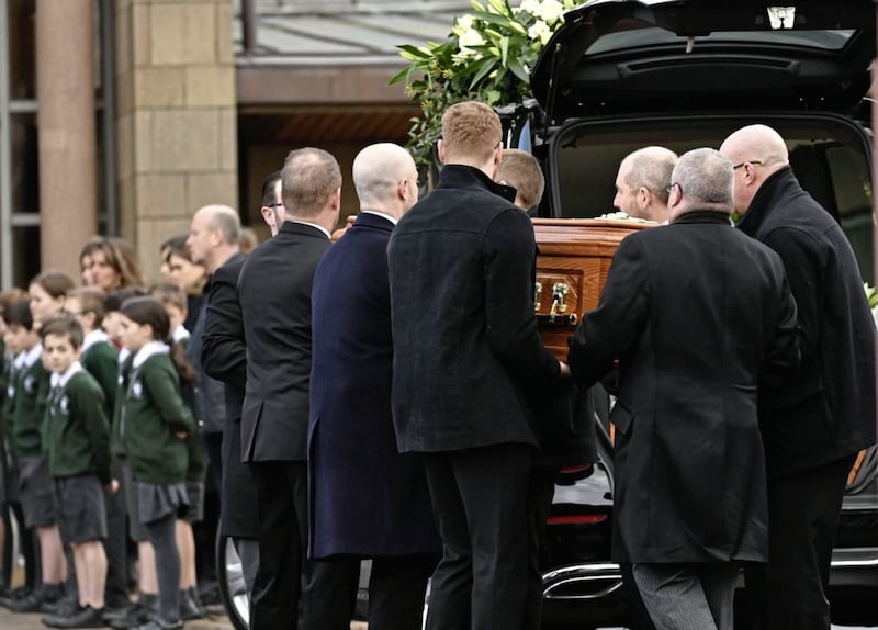 Family and friends gathered for the funeral of Jon O&#39;Hara at St Colmcille&#39;s Church, Holywood. Picture by Colm Lenaghan/ Pacemaker 
