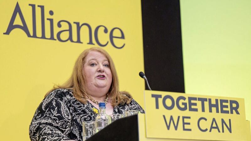 Alliance leader Naomi Long speaking at Saturday&#39;s party conference: Photo:Neil Harrison Photography via PA. 