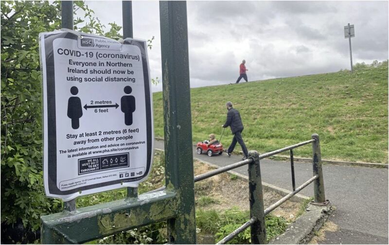 Social Distancing and one way markers are put down at Belfast Waterworks park as part of the first steps to ease lockdown. Picture by Hugh Russell