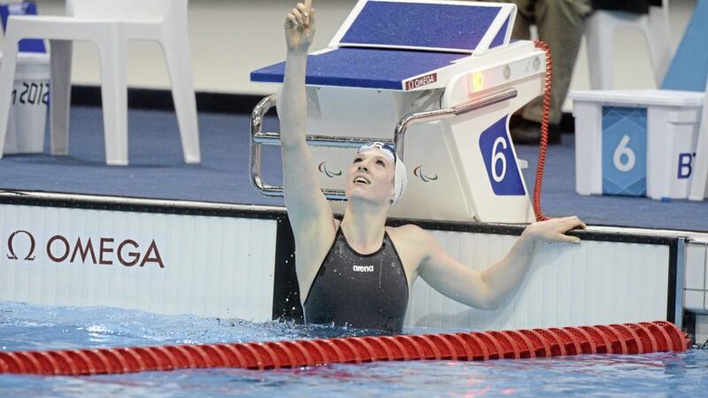 Bethany celebrates after winning the women&#39;s 100m backstroke at the London 2012 Paralympic Games 