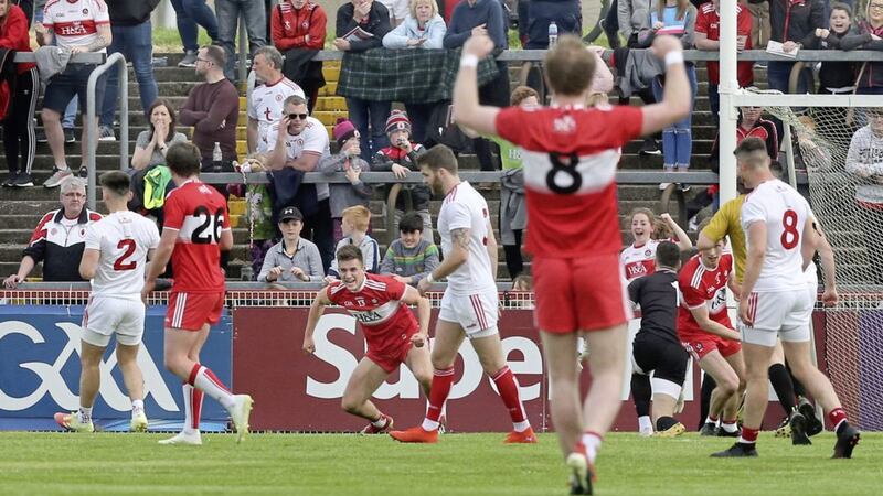Shane McGuigan&#39;s goal put Derry ahead against Tyrone last month, only for the Red Hands to hit back late on. Picture by Margaret McLaughlin 