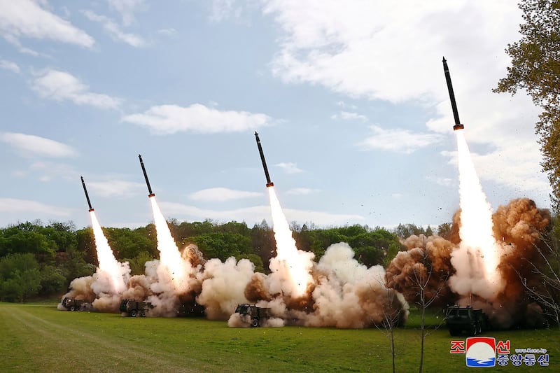 This photo provided by the North Korean government shows what it says are rocket drills that simulate a nuclear counterattack against enemies (Korean Central News Agency/Korea News Service via AP)
