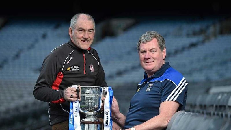 Mickey Harte and his Cavan counterpart Terry Hyland at the 2016 Allianz Football League Finals preview in Croke Park on Sunday April 24