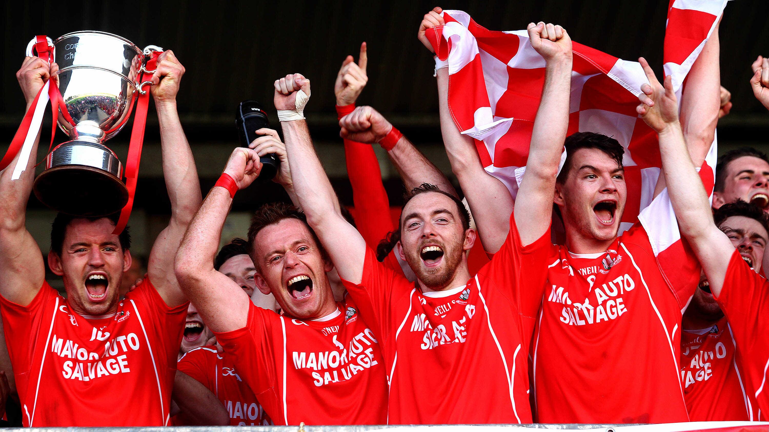 The Trillick players celebrate their Tyrone SFC final victory last Sunday 