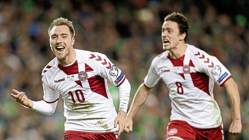 Denmark&#39;s Christian Eriksen celebrates scoring his side&#39;s third, and his second, goal in the 5-1 win over Republic of Ireland 