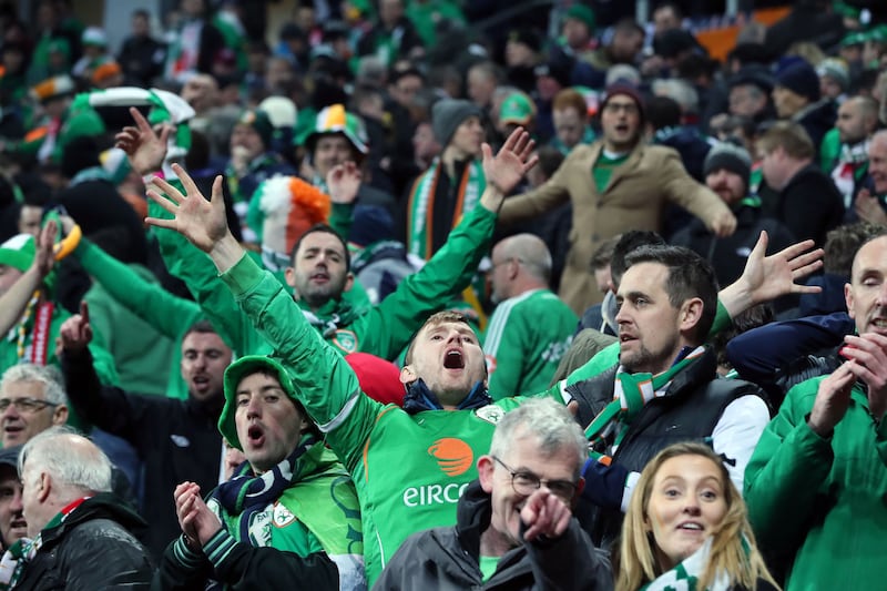 Republic of Ireland fans celebrate after the FIFA World Cup qualifying play-off first leg 0-0 draw against Denmark at the Parken Stadium, Copenhagen.&nbsp;