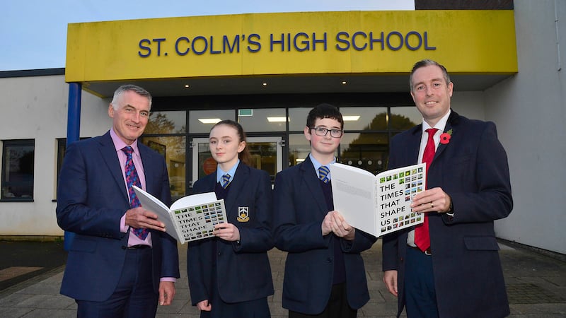First Minister Paul Givan and junior minister Declan Kearney joined youngsters at St Colm’s High School in Belfast to launch the anthology.