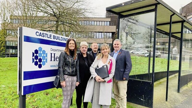Sinn Fein assembly member Martina Anderson pictured with some of those affected by the contaminated blood scandal, who yesterday held a meeting with Health Minister Robin Swann to discuss the issue 