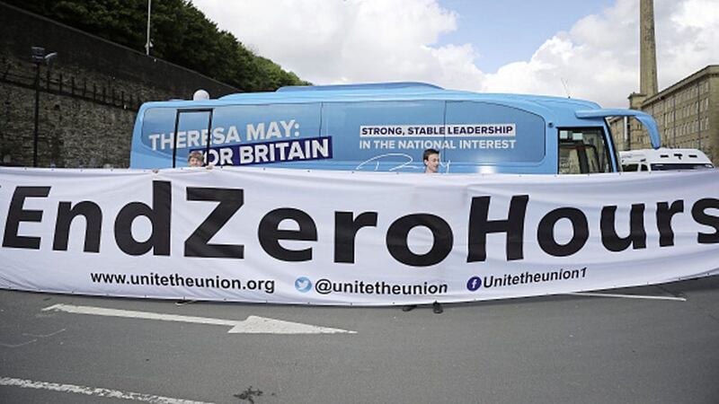 A protest held last year against zero-hours contracts in the UK. The number of zero-hours contracts in the UK has increased to 1.8 million over the past year 