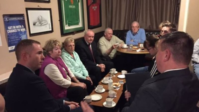 Martin McGuinness meeting the Loughinisland families at the Heights Bar in the Co Down village 