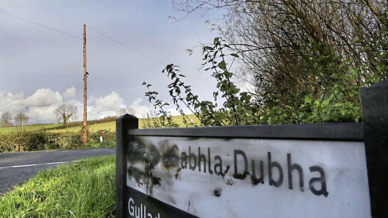 An Irish language sign at Gulladuff in Co Derry has been attacked 12 times this year. Picture by Margaret McLaughlin 