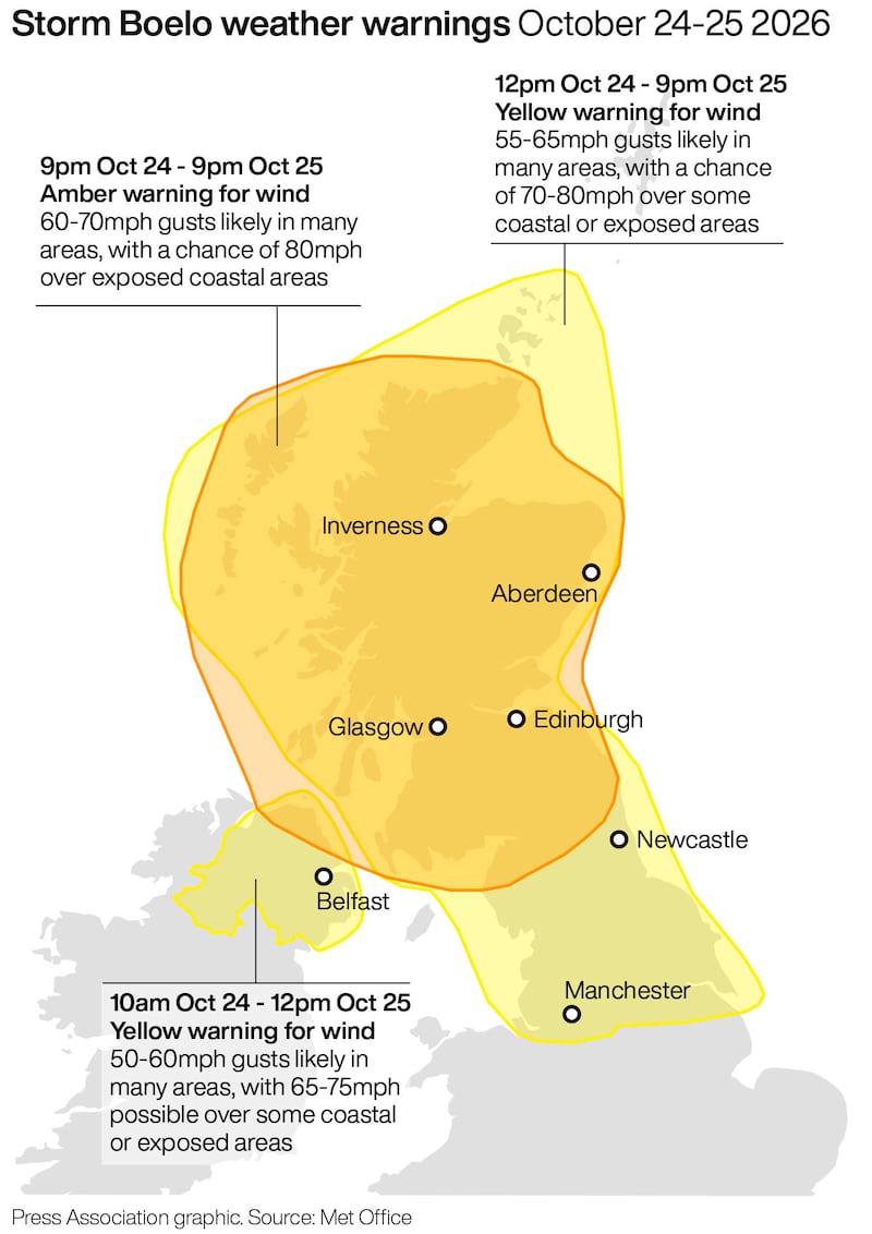 Storm Boelo weather warnings. Infographic from PA Graphics