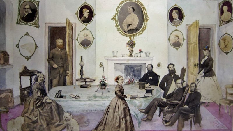 Cut-outs from photographs are arranged in painted scenes.