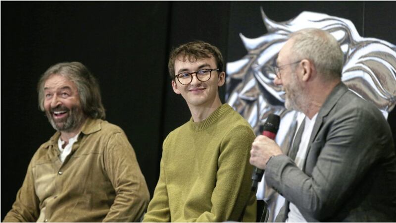 Actors Ian Beattie, who is from Belfast, Isaac Hempstead Wright and Liam Cunningham at this week&#39;s launch of the Game Of Thrones touring exhibition at the city&#39;s Titanic Exhibition Centre. Picture by Hugh Russell 