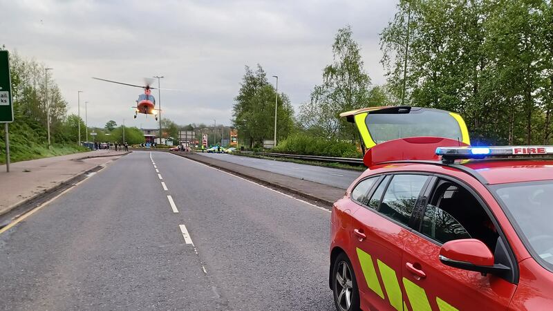 The Air Ambulance taking off following Sunday's crash in Ballymena. PICTURE: NIFRS