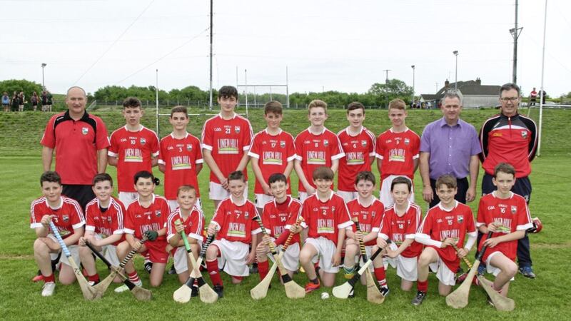 The St Patrick&#39;s U14 combined hurling team and mentors of Ballyvarley and Ballella pictured with their new jerseys, which are sponsored by Linen Hill Kitchen &amp; Deli at the Outlet, Banbridge ahead of their trip to Feile na nGael in Wexford this weekend 