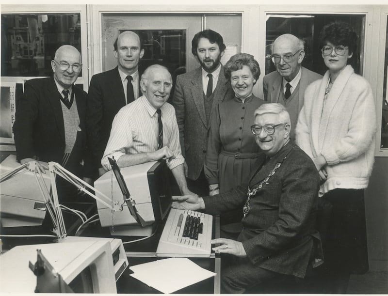 A veritable Who's Who of Derry civic society in the 1980s: (from left) Frank Curran, retired Journal editor and author of Derry: Countdown to Disaster; Colm McCarroll, later MD of the Derry Journal and founding MD of the Derry News; Willie O'Connell, Journal production department and one-time SDLP mayor of Derry; Pat McArt; Mayoress Doreen Guy; Mayor Jim Guy (Independent Unionist); Frank McCarroll, Journal MD; and Aileen McManus, Journal director
