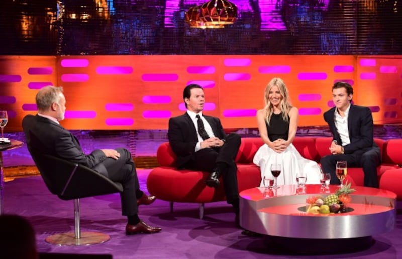 Mark Wahlberg, Sienna Miller and Tom Holland filming Graham Norton's show