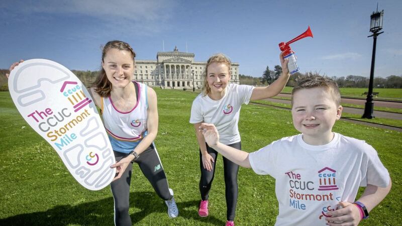 Launching the CCUC Stormont Mile are European Medallist Ciara Mageean, Reece Magill and Anna McDonald from the Children&#39;s Cancer Unit Charity 