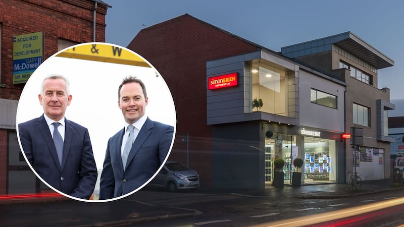 Simon Brien Residential’s Lisburn head office, and (inset) the estate agency’s founder Simon Brien with Sherry FitzGerald Group CEO Steven McKenna.