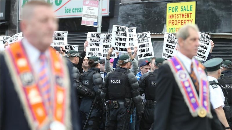 A previous Garc protest as Orange Order members marched past Ardoyne shops. Picture by Hugh Russell