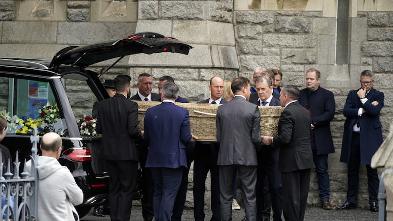 The coffin of Andrew O’Donnell is carried into the Church of the Sacred Heart, Donnybrook, Dublin, ahead of his funeral (PA/Niall Carson)