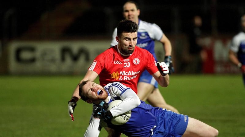 Owen Duffy comes under pressure from Tyrone&#39;s Tiernan McCann but Monaghan went on to win at Healy Park 