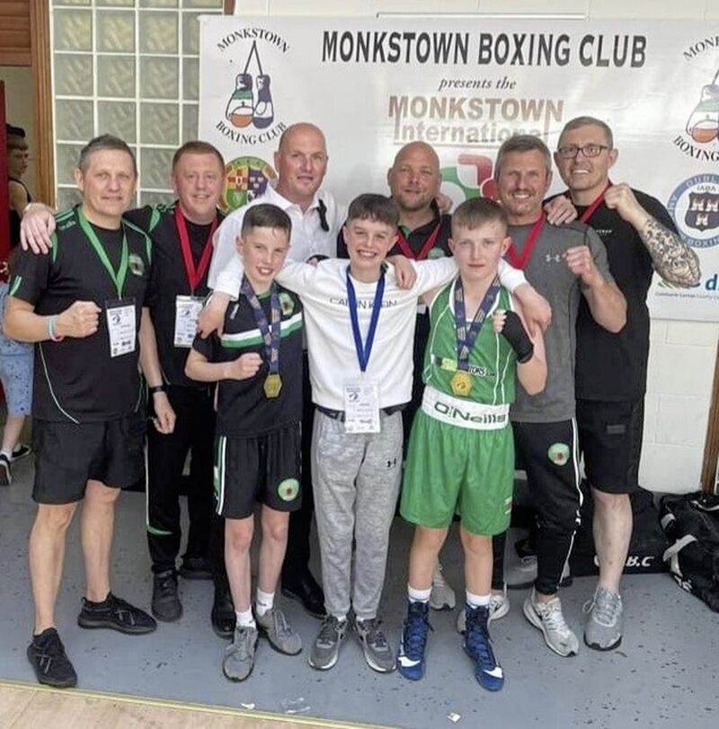 Celebrating a successful weekend for Saints BC at the Monkstown Box Cup are, back from left, Liam Cunningham, Harry Cunningham, Chris McCrory (R&amp;J), Charlie O&#39;Halloran, Paul Bacon and Tony Crowe. Front, from left, are boxers Kane Bacon, Noah Bacon and Niall Hall 