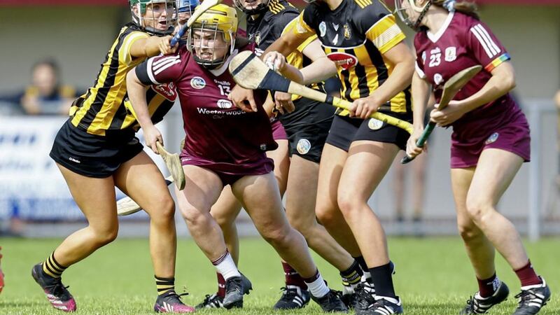 Siobhan McGrath of Galway holds on to the sliotar under pressure from Kilkenny players during the Glen Dimplex All-Ireland Senior Camogie Championship Group Two match at Kenny Park, Athenry on Saturday									Picture: Ashley Cahill/Inpho 