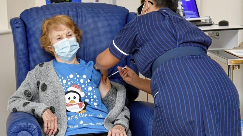 Enniskillen pensioner, Margaret Keenan (90) was the first person in the UK to receive the Pfizer/BioNtech covid-19 vaccine at University Hospital, Coventry. Picture by Jacob King/PA Wire