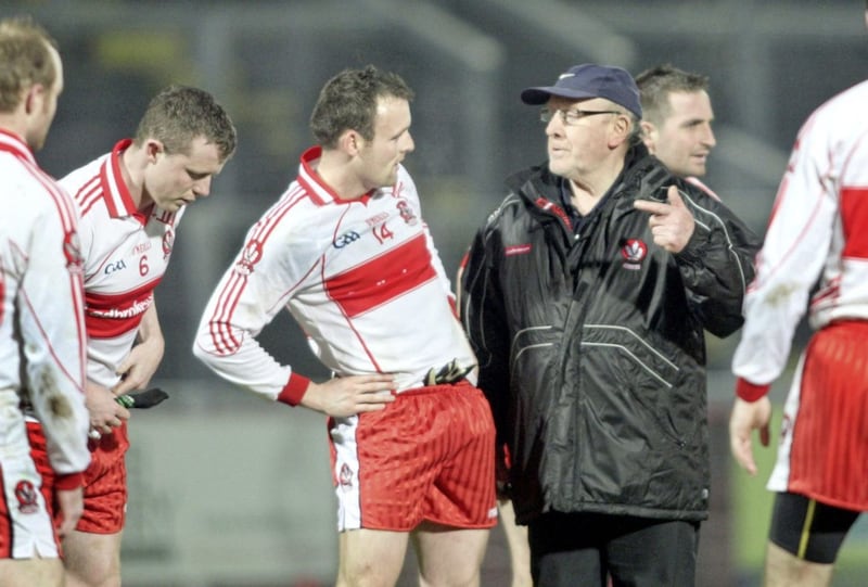MCKENNA CUP SEMI FINAL 29-1-11.Derry manager John Brennan discusses their win over Antrim with Paddy Bradley following Saturdays McKenna Cup semi final match played at Celtic Park. Picture Margaret McLaughlin &Acirc;&copy; please by-line. 