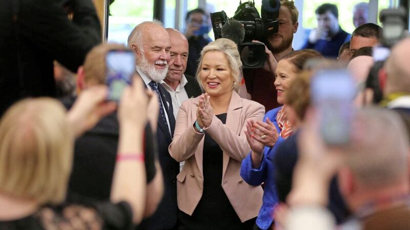 Michelle O Neill arrives at the count in Magherafelt with Sinn F&eacute;in president Mary Lou McDonald. Picture Mal McCann. 