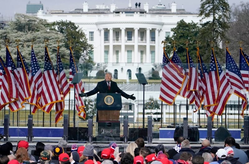 With the White House in the background, President Donald Trump speaks at a rally in Washington DC where Congress had been due to meet and was expected to endorse Joe Biden's presidential election victory.&nbsp;Mr Biden, who won the Electoral College 306-232, is to be inaugurated on January 20. Picture by Jacquelyn Martin, AP