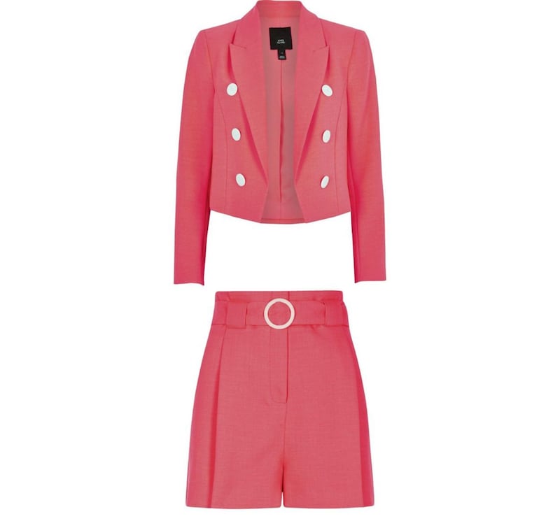 River Island Neon Pink Cropped Blazer, &pound;60; Neon Coral Belted Shorts, &pound;30, available from River Island