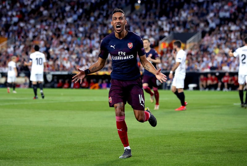 Arsenal’s Pierre-Emerick Aubameyang celebrates scoring his side’s first goal against Valencia.