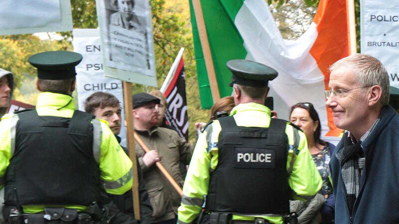 DUP MP Gregory Campbell arriving at the gates where republicans picketed about a PSNI recruitment event in Derry.  Picture by Margaret McLaughlin