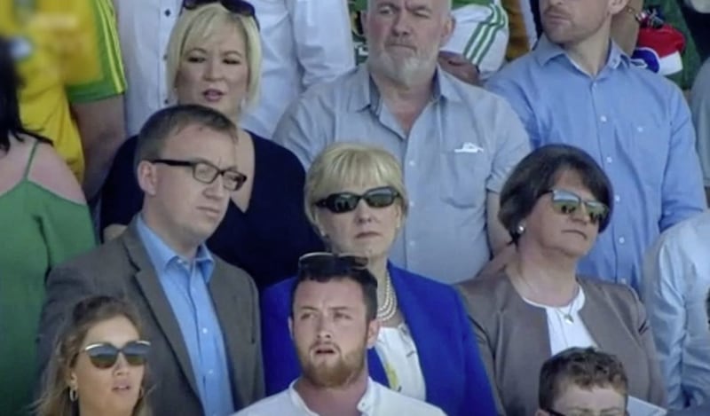 The DUP&#39;s Christopher Stalford and party leader Arlene Foster attending the Ulster GAA final in June 