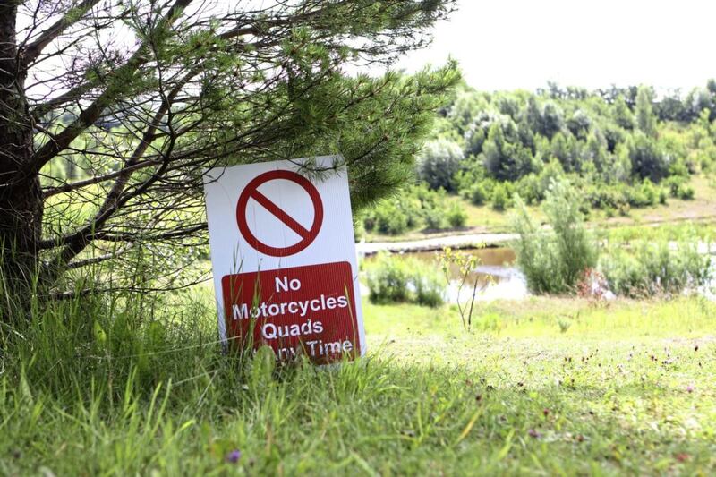 A sign forbidding motorcyles and quads not far from the spot where Valerie Armstrong was struck by a scrambler and died from her injuries. Picture Matt Bohill.. 