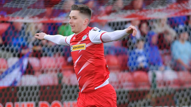 Cliftonville’s Ryan Curran after opening the scoring in the Euro play-off semi-final against Coleraine in midweek at Solitude