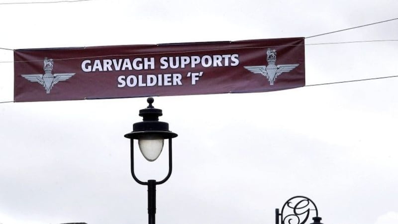 A message of support for Soldier F, who is facing Bloody Sunday murder charges, was erected on Main Street, Garvagh. Picture by Margaret McLaughlin. 