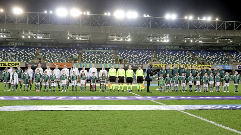 The two Ireland teams line up before Tuesday night&#39;s Uefa Nations League game at Windsor Park 