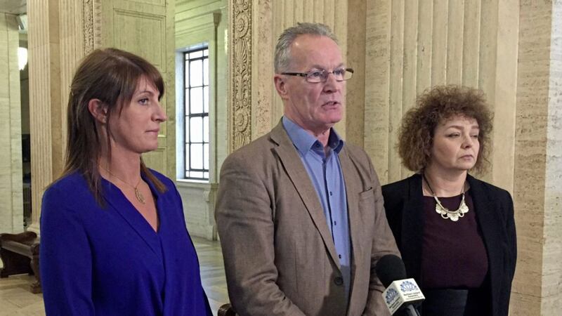Sinn Fein's Gerry Kelly (centre), flanked by party colleagues, as he addresses the media in Great Hall of Parliament Buildings, Belfast. PRESS ASSOCIATION Photo. Picture date: Monday April 24, 2017. See PA story ULSTER Politics Talks. Photo credit should read: David Young/PA Wire.
