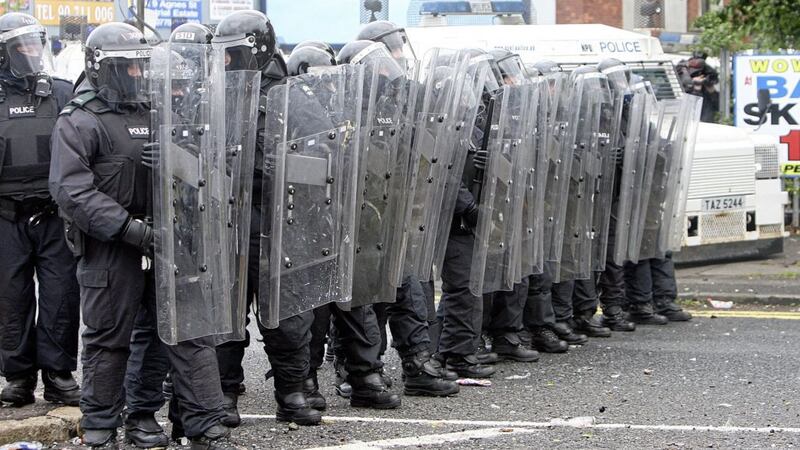 Riot police at Twaddell Avenue. Picture by Gerard Black 